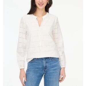 J.Crew Long-Sleeve Eyelet Tie-Neck Top Womens Plus 2X White Cotton Lightweight